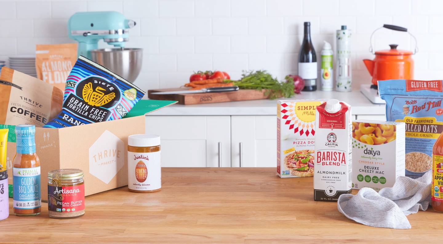 Thrive Market products spread on a kitchen counter