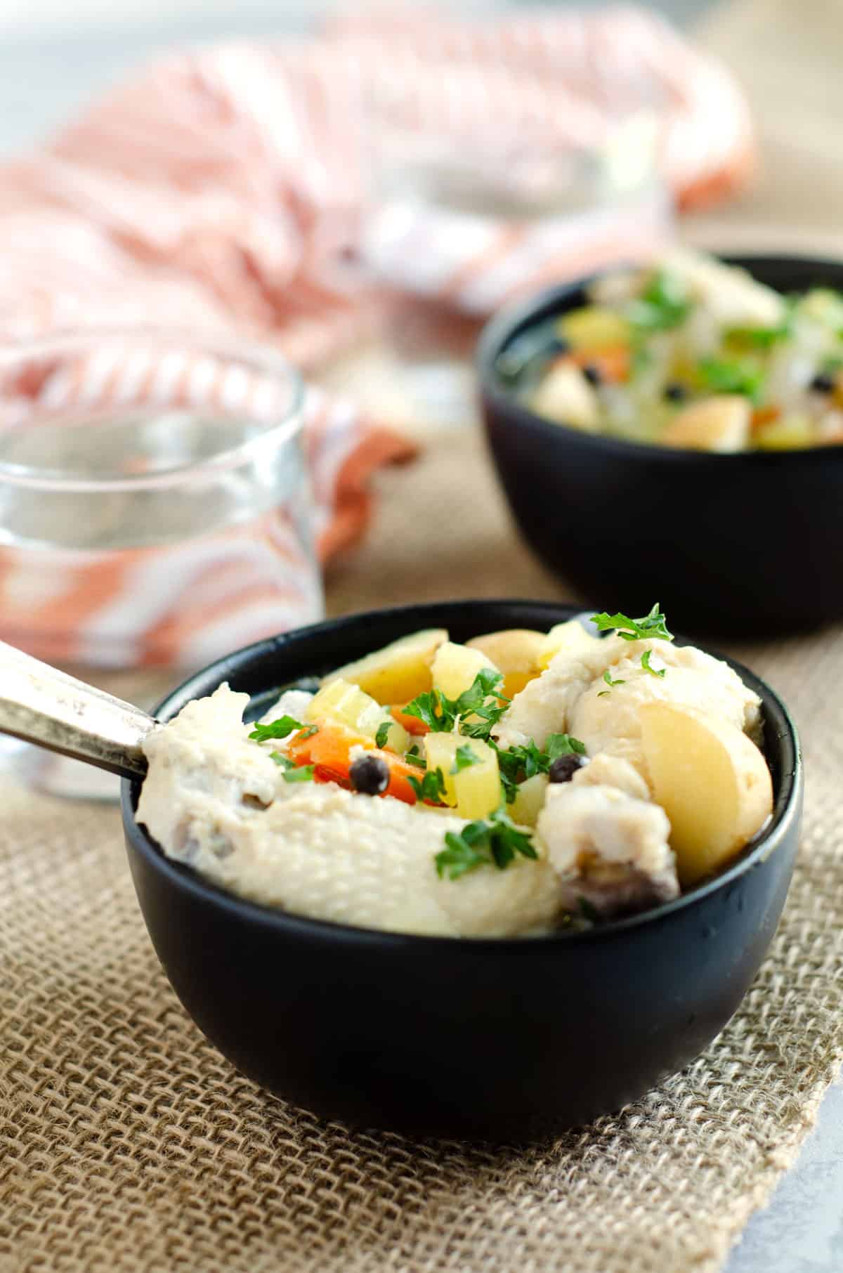 Close up of a bowl of chicken souse