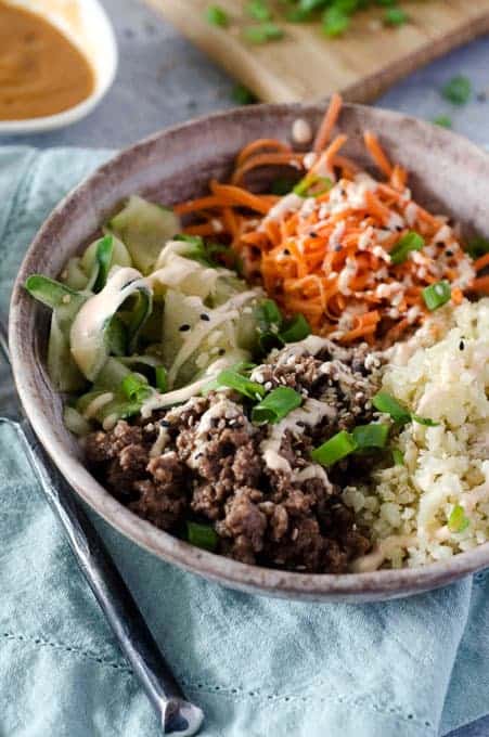 Side view of korean ground beef bulgogi bowl