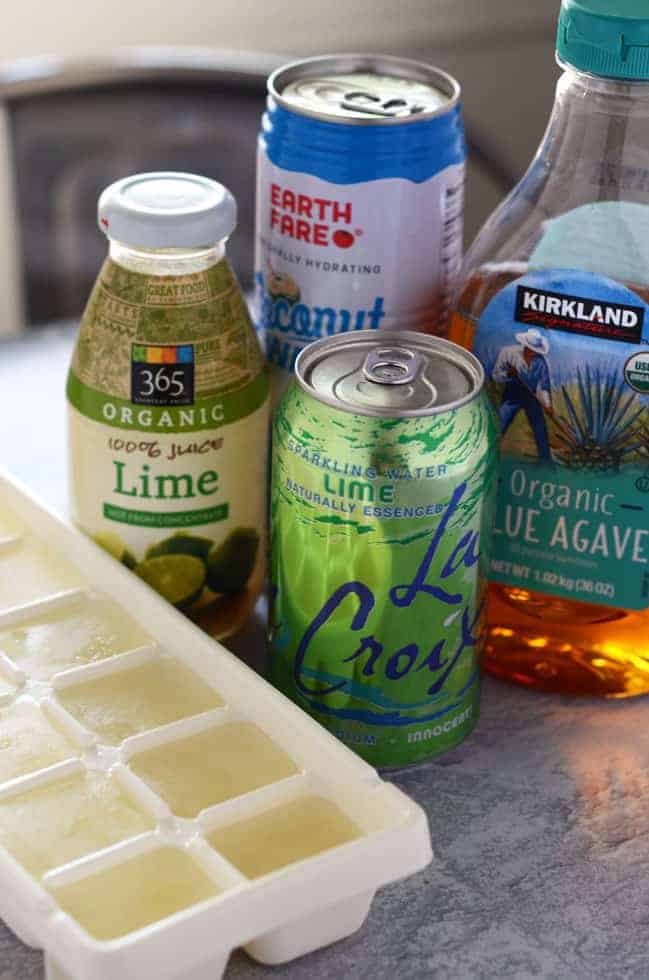 frozen limeade ingredients on counter with ice cube tray