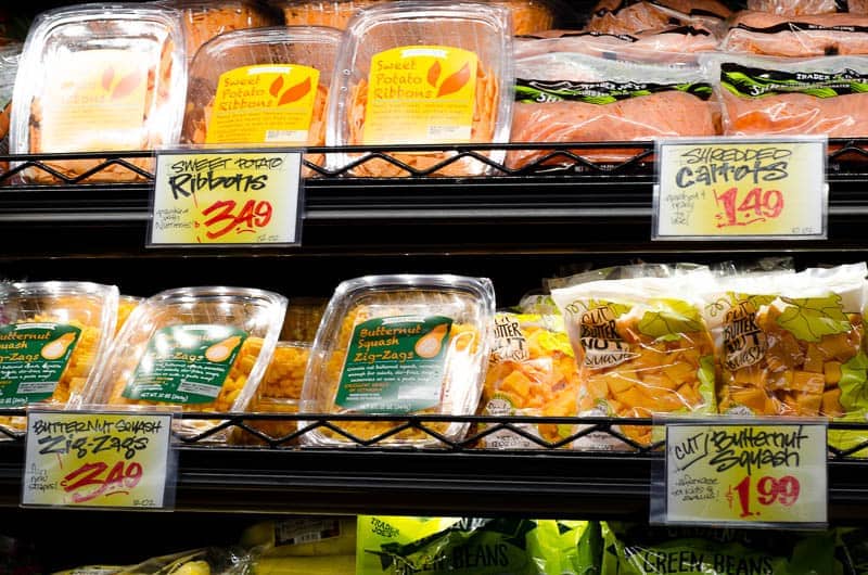 shelf of prepared and pre cut veggies