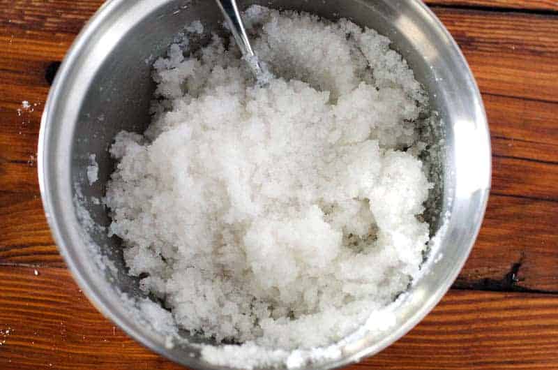 Overhead view of a bowl of salt and water mixture