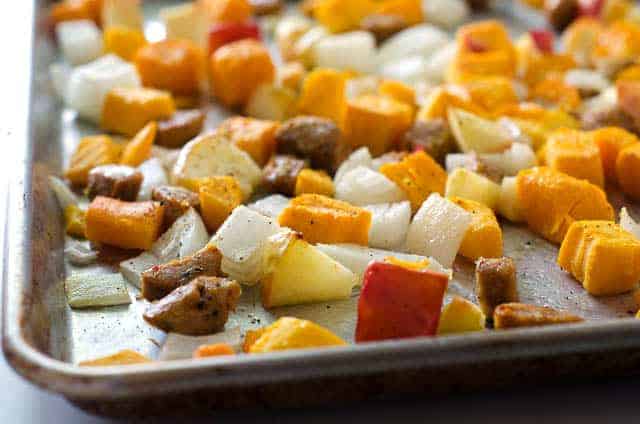 sheet pan meal with sausage, apple, onion, squash