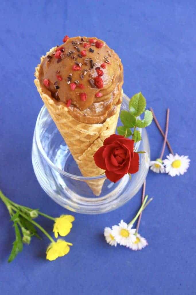 overhead view of chocolate ice cream in a waffle cone