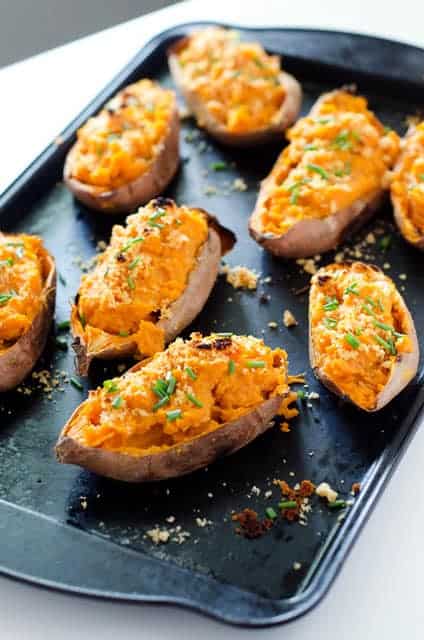 baking sheet with twice baked sweet potatoes