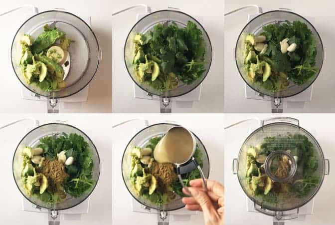 Overhead view of step by step shots in food processor